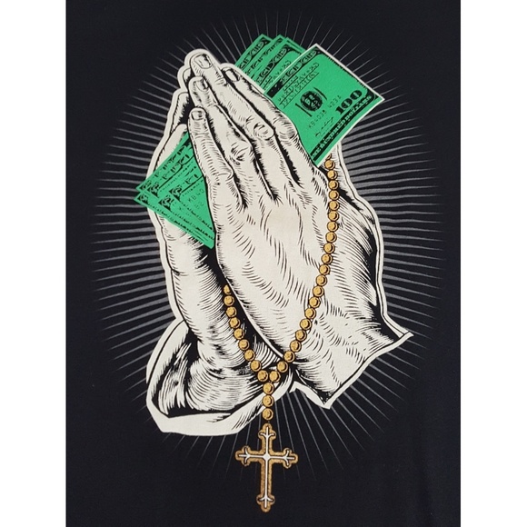 Praying Hands Money Cash Rosary T-Shirt Tee - Picture 2 of 3